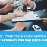 Car key handover during power of attorney for car sale in Dubai, signing documents at RTA for vehicle ownership transfer.