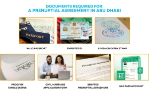 Documents required for a prenuptial agreement in Abu Dhabi including passport, Emirates ID, and UAE Pass